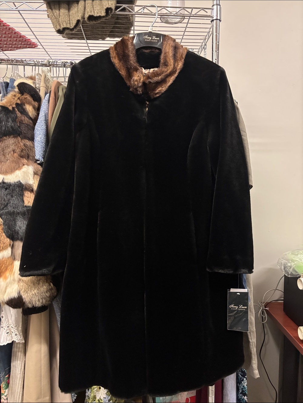 Terry Lewis Classic Luxuries Black Pea Coat with Brown Fur Trim